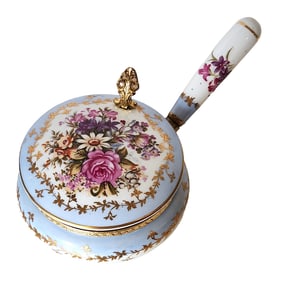 Antique Hand-Painted Porcelain Floral Covered Saucepan with Gilt Accents