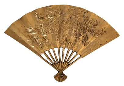 Vintage Asian Brass Fan Wall Hanging with Phoenix Motif