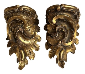 Pair of Antique Giltwood Rococo Wall Brackets with Acanthus Leaf Motif
