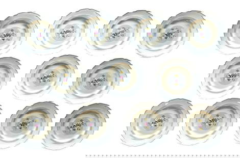 Set of 11 Royal Doulton “Burnham" Floral Rimmed Soup Plates, England: Charming set of 11 rimmed soup plates by Royal Doulton, England, in the “Burnham” pattern. Each plate features a central floral bouquet in soft pastel tones, framed by a delicate textured bord