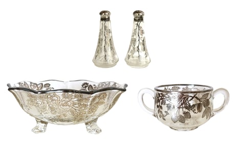 Set of 4 Possible Sterling Silver Overlay Glass Tableware Pieces – Sugar Bowl, Footed Bowl &