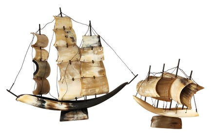 Pair of Handcrafted Horn Sailboat Models