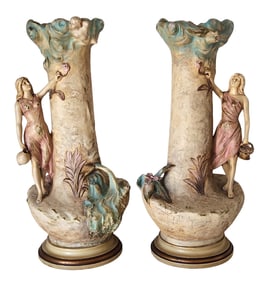 Pair of French Art Nouveau Figural Terracotta Vases, Marked "Terre Cuite d’Art"