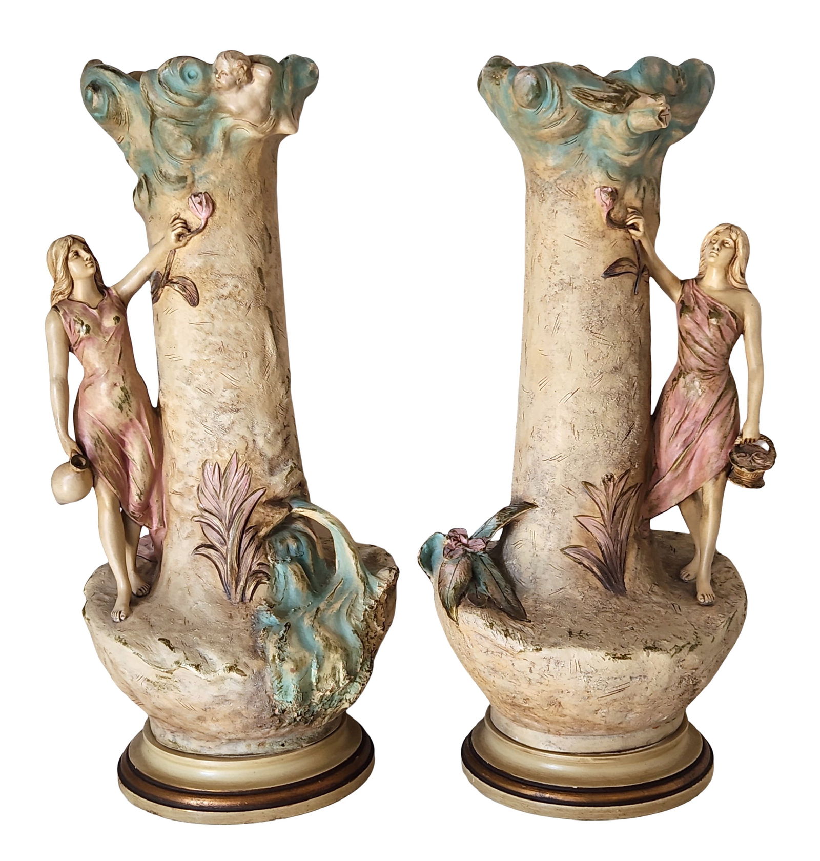 Pair of French Art Nouveau Figural Terracotta Vases, Marked "Terre Cuite d’Art"