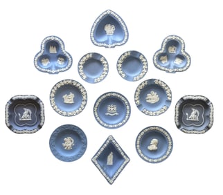 Collection of 13 Wedgwood Jasperware Blue & White Dishes, Assorted Shapes