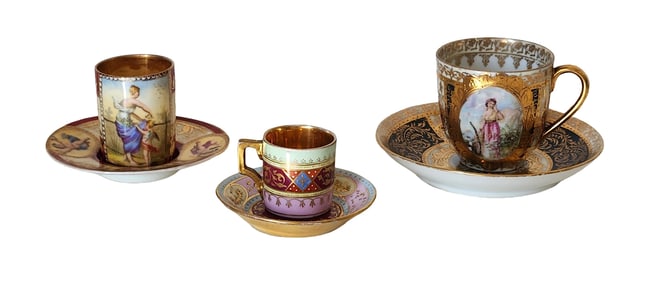 Set of 3 Royal Vienna Porcelain Demitasse Cups & Saucers with Hand-Painted Classical Scenes