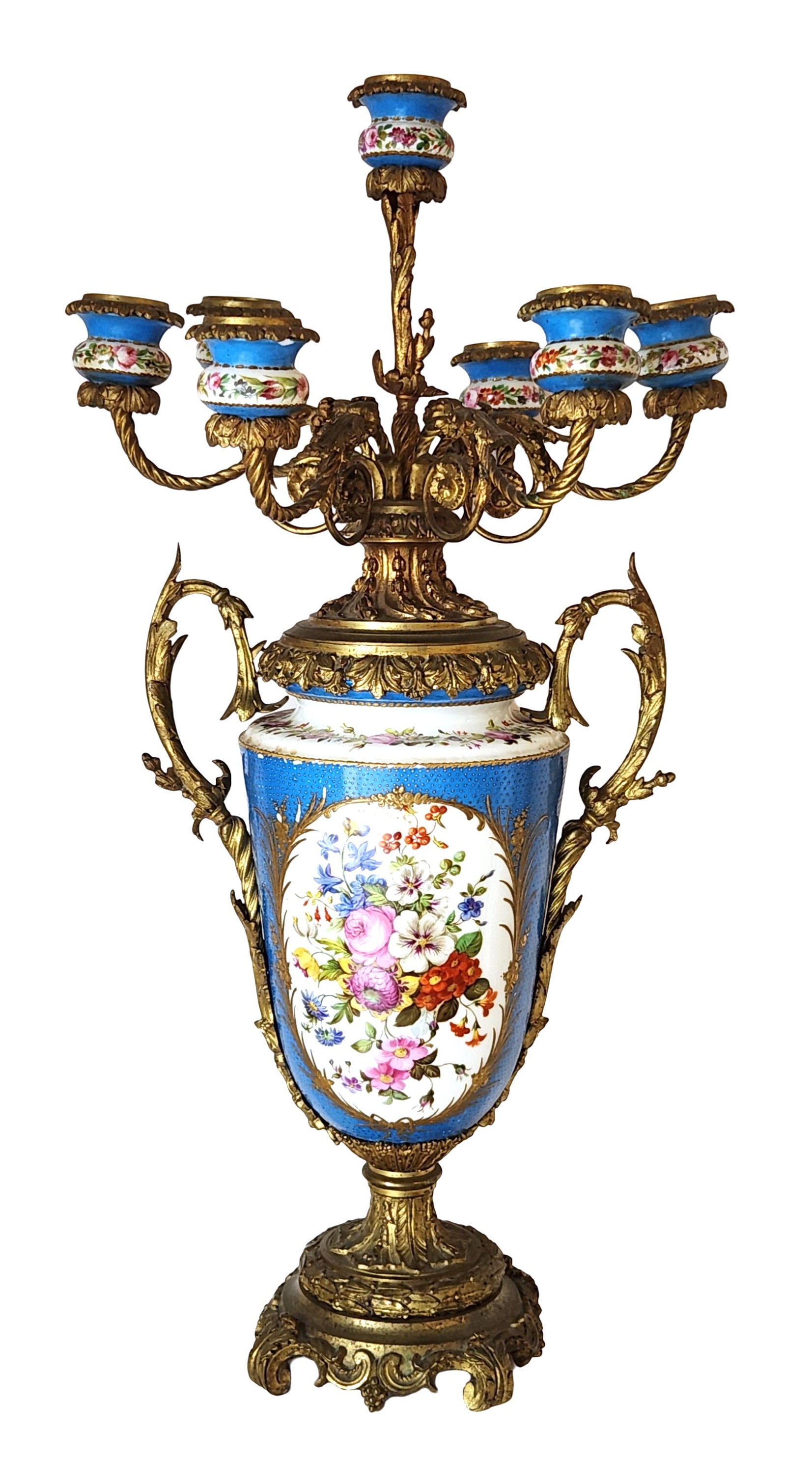 Large Sevres Style Porcelain and Gilt Bronze Candelabra Urn, 7-Light (1 of 7)