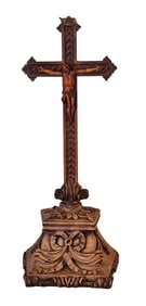 Antique Hand-Carved Wood Crucifix with Christ Figure and Ornate Base