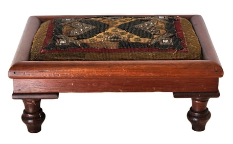 Antique Victorian Wood Footstool with Beaded Needlepoint Top