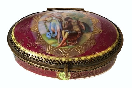 Antique Hand-Painted Viennese Enamel & Gilt Bronze Hinged Trinket Box, Signed Kaufmann