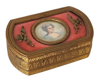 Antique French Gilt Brass and Enamel Jewelry or Snuff Box with Portrait Miniature and Silk Lining