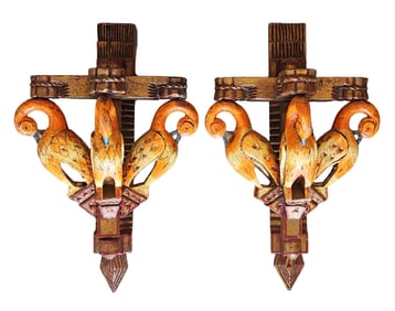 Pair of Antique Hand-Carved & Painted Wood Decorative Brackets with Bird Motif
