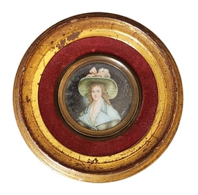 Antique French Hand-Painted Miniature Portrait in Giltwood Frame