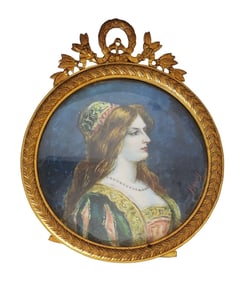 Antique French Miniature Portrait Signed "Henry" in Gilt Bronze Easel Frame