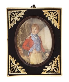 Antique Miniature Portrait of Napoleon in Red Uniform, Framed with Gilt Corners