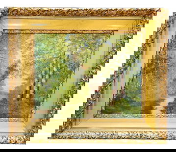 John Joseph Enneking (1841 - 1916) American: John Joseph Enneking (1841 - 1916) American Oil on Board Measure 16"in H x 19 1/2"in W and 24"in H x 28"in W x 2 1/2"in D with frame Known for: Landscape-animal, genre, and still life painting Biograp
