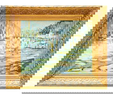 Roger Barron (1938 - 2017) American: Roger Barron (1938 - 2017) American Oil on Cardboard Measure 10"in H x 13 1/2"in W and 15 3/4"in H x 19"in W x 2"in D framed Known for: Plein-air impressionist landscape and marine painting and sketch