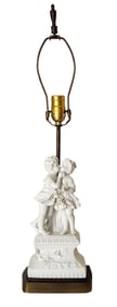 Antique Bisque Porcelain Figural Lamp of Kissing Children on Gilt Base