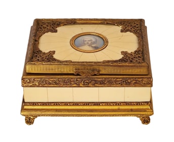 Antique French Gilt Bronze & Bakelite Jewelry Box with Miniature Portrait