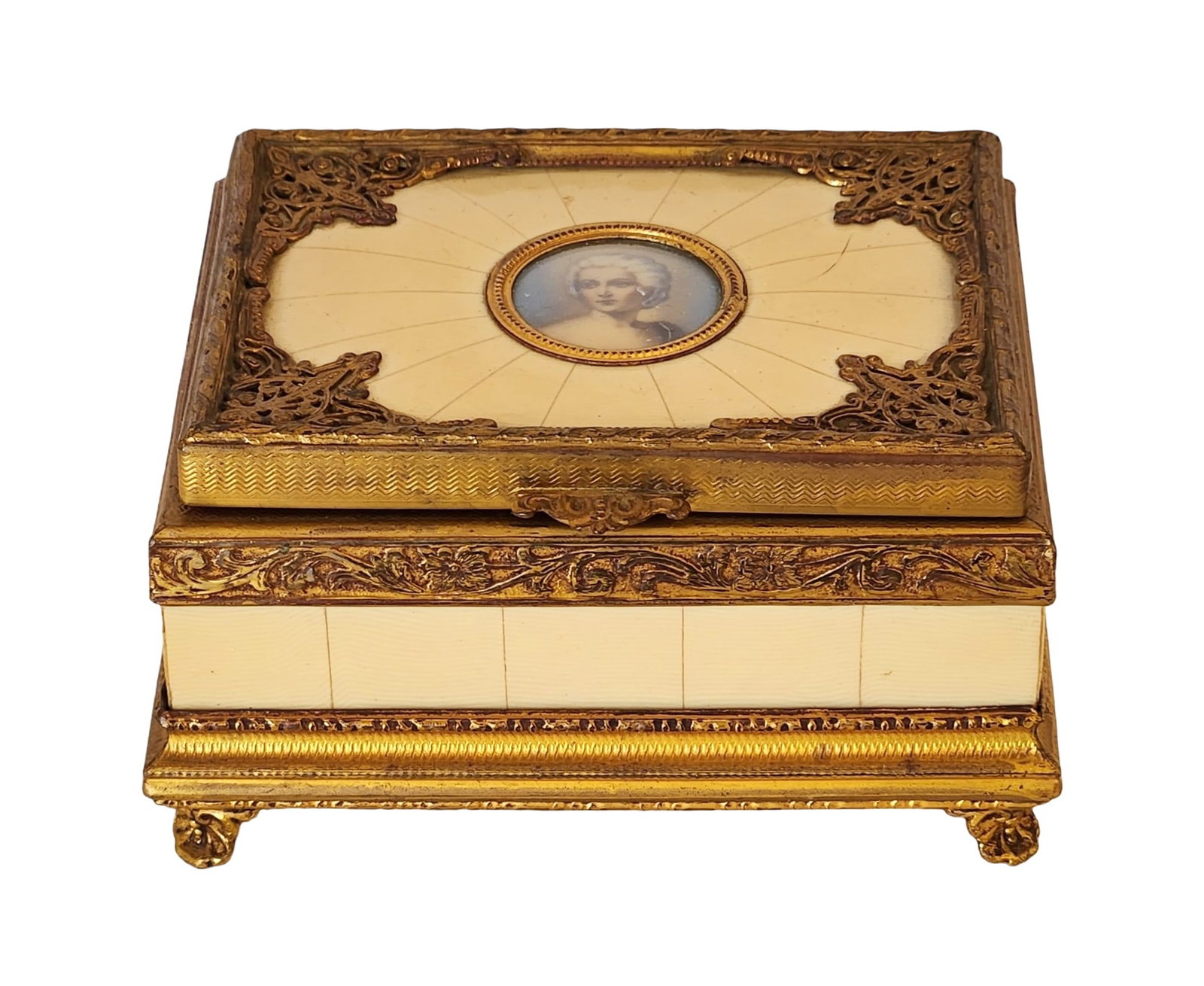 Antique French Gilt Bronze & Bakelite Jewelry Box with Miniature Portrait (1 of 7)