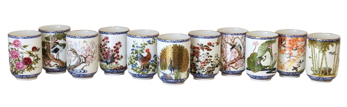 Set of 11 Franklin Porcelain Japan Bird & Flower Tea Cups, 1985 Limited Edition