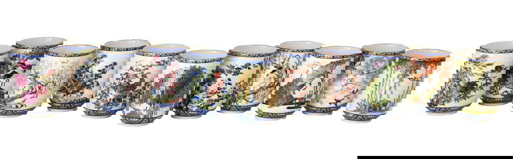 Set of 11 Franklin Porcelain Japan Bird & Flower Tea Cups, 1985 Limited Edition: Beautiful set of 11 porcelain tea cups by Franklin Porcelain Japan, issued as a 1985 limited edition. Each cup features a different exquisitely detailed bird and seasonal floral motif, bordered by a c