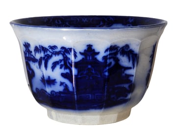 Antique Flow Blue Ceramic Bowl with Pagoda Landscape Design