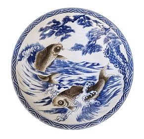 Large Blue and White Ceramic Plate with Koi Fish and Pine Tree Design