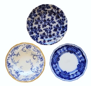 Set of 3 Antique Blue and White Transferware Plates Including Flow Blue