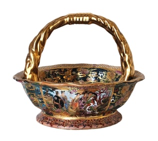 Chinese Satsuma Hand-Painted Ceramic Basket with Gilded Handle