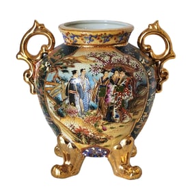 Chinese Hand-Painted Royal Satsuma Ceramic Vase with Gilded Handles and Feet