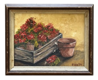 Vintage Still Life Oil Painting – Potted Red Flowers in Crate, Signed Ellen ’74, Framed