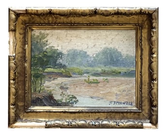 Vintage Impressionist River Landscape Oil Painting – Illegibly Signed, Ornate Gold Frame