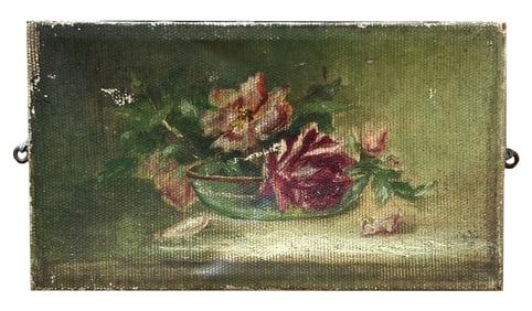 Antique Miniature Still Life Oil Painting on Canvas – Floral Bowl Composition