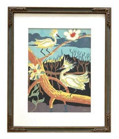 Mid-Century Modern Watercolor Painting of Exotic Birds – Signed
