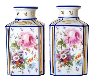 Pair of Antique French Porcelain Floral Apothecary or Tea Caddies, Hand-Painted
