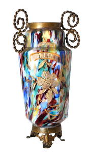 Antique French Art Glass Vase with Gilt Bronze Mounts & Enamel Floral Decoration: A striking antique French art glass vase with multicolored spatter glaze and ornate gilt bronze mounts. The vibrant body features vivid swirls of red, blue, yellow, and green, overlaid with hand-paint