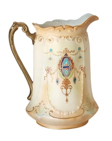 Victorian W. Adams & Co. Tunstall Porcelain Pitcher, Hand-Painted & Gilded, c. 1880s