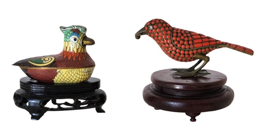 Pair of Chinese Decorative Bird Figurines: Cloisonné Duck & Coral-Inset Songbird on Stands