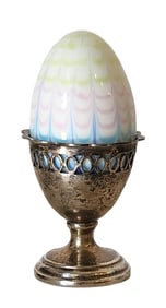 Victorian Art Glass Egg with Silverplate Holder, Rainbow Swirl Pattern