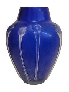 Art Deco Style Cobalt Blue Glass Vase with Acid-Etched Drip Design: Striking art glass vase in deep cobalt blue, featuring an elongated baluster form and an acid-etched abstract drip motif in vertical relief. The semi-matte surface and fluid design elements evoke the