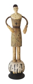 Primitive Folk Art-Style Wooden Figure on Ball Pedestal