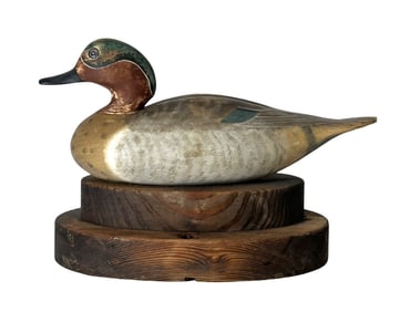 Hand-Carved Wooden Green-Winged Teal Duck Decoy on Rustic Base
