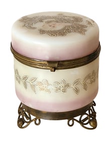 Antique French Pink Opaline Glass Jewelry Casket with Bronze Mounts and Floral Decoration