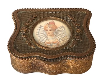 Antique Gilt Bronze Jewelry Box with Miniature Portrait and Embossed Floral Design