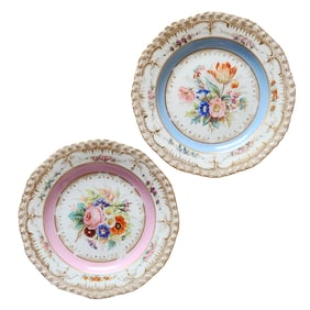 Pair of Antique KPM Berlin Hand-Painted Floral Cabinet Plates with Gilt Decoration