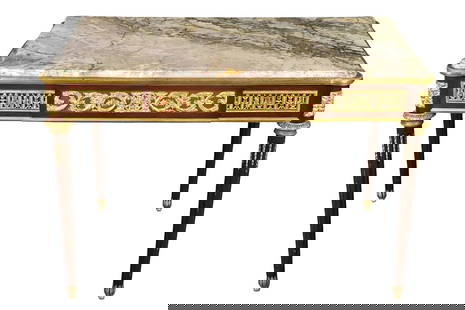 Attributed to Henry Dasson – 19th Century French Louis XVI Style Marble-Top Gilt Bronze Console: Superb 19th century French Louis XVI style console or side table attributed to renowned ebeniste Henry Dasson (1825–1896). The rectangular table is crafted from fine mahogany and crowned with a rich