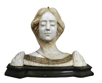 Art Nouveau Alabaster Bust of "Beatrice" on Marble Base