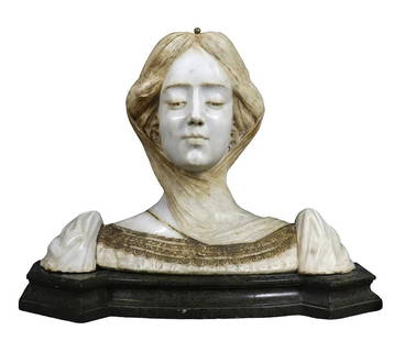 Art Nouveau Alabaster Bust of "Beatrice" on Marble Base: Elegant early 20th-century alabaster bust titled Beatrice, exquisitely carved in the Art Nouveau style. The serene female figure features flowing hair and closed eyes, rendered with delicate realism a