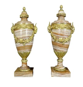 Pair of Grand Neoclassical Style Marble and Gilt Bronze Urns